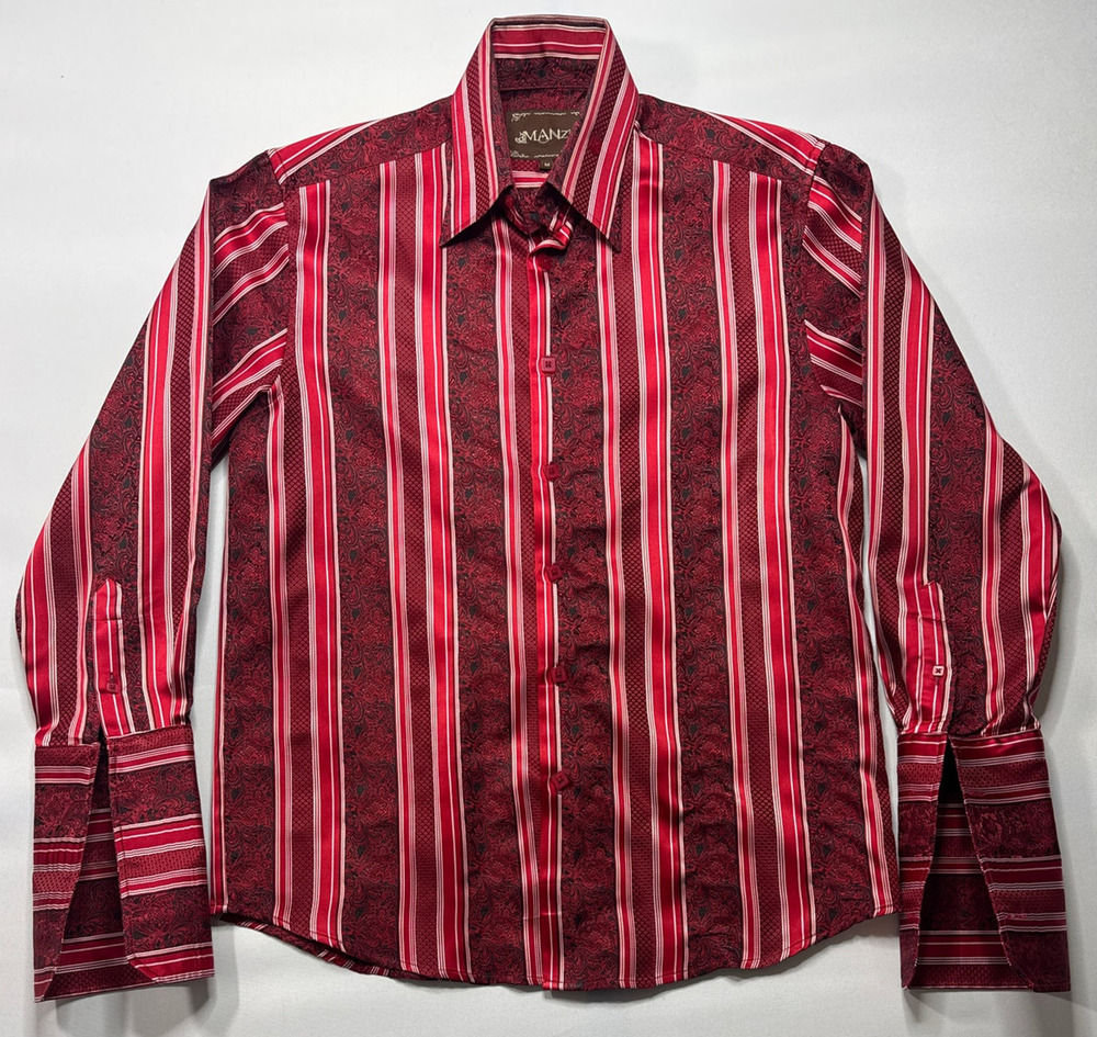 Manzini Men's Long Sleeve French‎ Cuff Red Striped Dress Shirt - Size M*